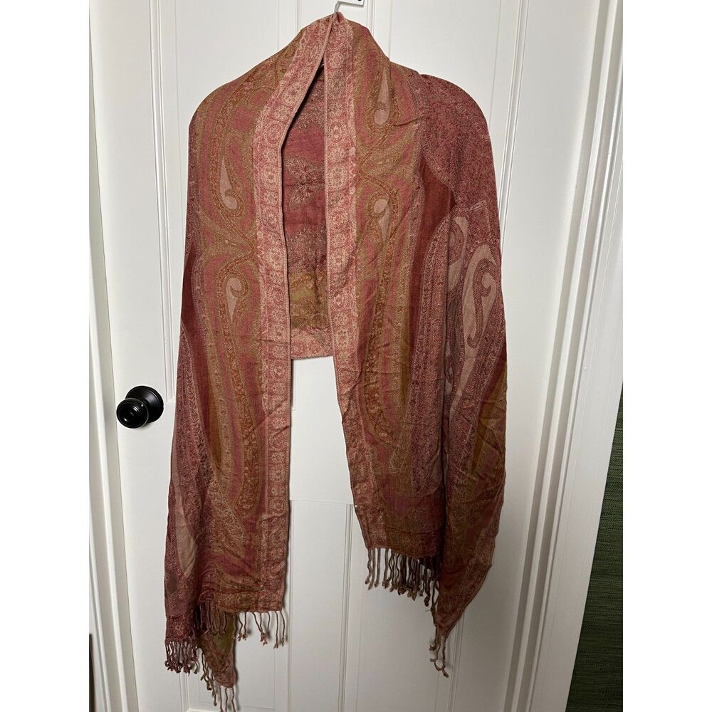 Soft Paisley Scarf Wrap Shawl Rose Olive Gold Fringe 74" Boho Lightweight